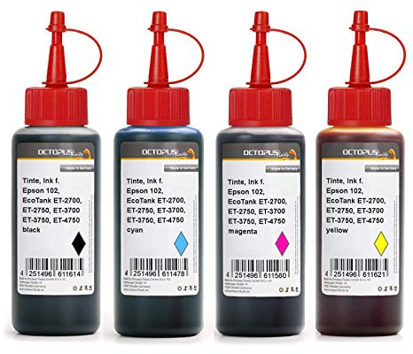 Octopus Fluids Tintenset kompatibel mit Epson 102, 4 x 250 ml | Für Epson ET-2700, ET-2750, ET-3700, ET-3750, ET-4750, zum Nachfüllen passender Patronen und Tintentanks
