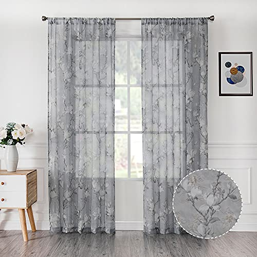 Tollpiz Floral Grey Sheer Curtain Flower Print Vine Embroidery Bedroom Curtains Rod Pocket Voile Window Curtain for Living Room, 54 x 84 inches Long, Set of 2 Panels