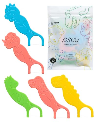 Piico Unflavored Kids Floss - No Fluoride Dual Line Dental Floss Picks - Fun Oral Care in Colorful Floss Sticks Design - Kids Flossers Avoid Tooth Decay & Gum Disease - 80 Count Dino