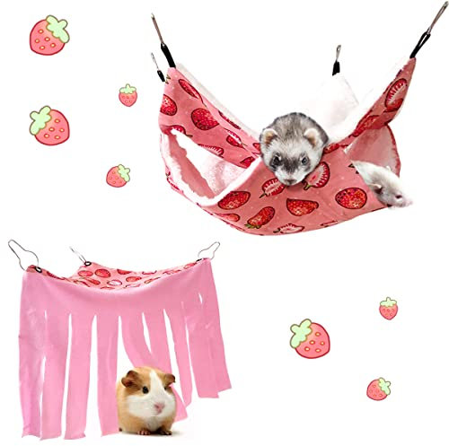 LEFTSTARER Hängematte, für Kleintiere, Frettchen, Etagenbett, Spielzeug für Hamster, Ratten, Zucker, Gleiter, Papageien, Meerschweinchen, Versteck zum Spielen (Erdbeer-Hängematte und Eckversteck)