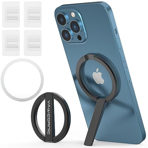 VAWcornic Handy Ring Halterung Magnetisch für MagSafe - Handy Griff Halter Fingerhalter für Smartphone, Tablet, Kindle, Kompatibel mit Magnetisch Handyhalter (Schwarz – inklusive 4 Klebeschnallen)