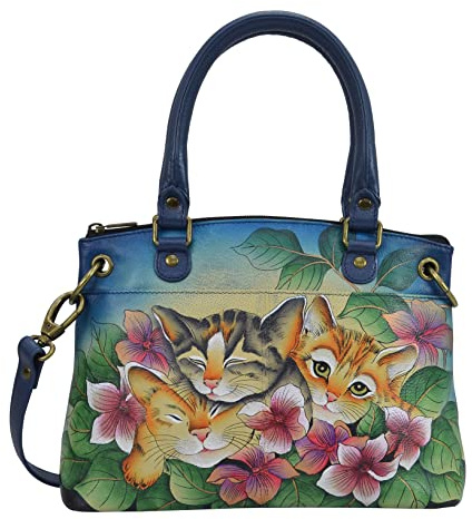 Anna by Anuschka Kleine Schulranzen Anna by Anuschka Damen Handtasche aus echtem Leder, handbemalt, klein, drei Kätzchen, Blau