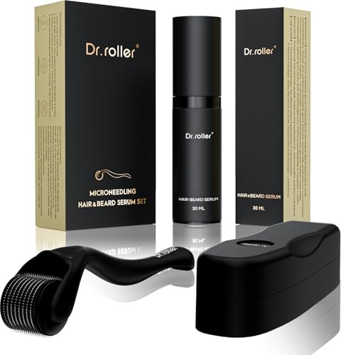 Dr.roller Kit de Crecimiento de la Cabello Barba, Derma Roller 0,5mm, Serum para el Crecimiento del Cabello, Microneedling Derma Roller Para el Crecimiento del Pelo Barba