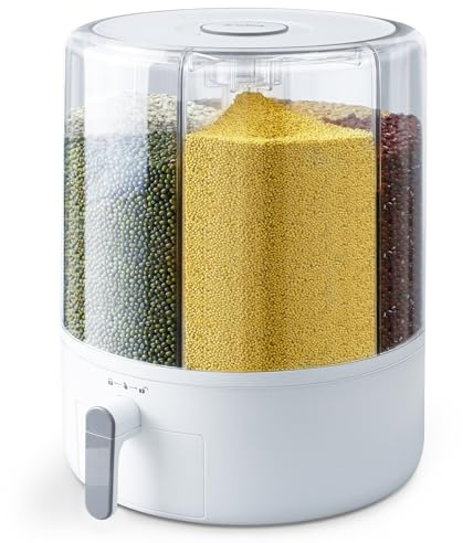 Slow Slog Grain and Rice Storage Container, 6 Grid Grain Dispenser, 360° Rotating 25lb Large Food Dispenser, Rice Dispenser Upgrade 6 Compartment Rotating, Airtight Storage White