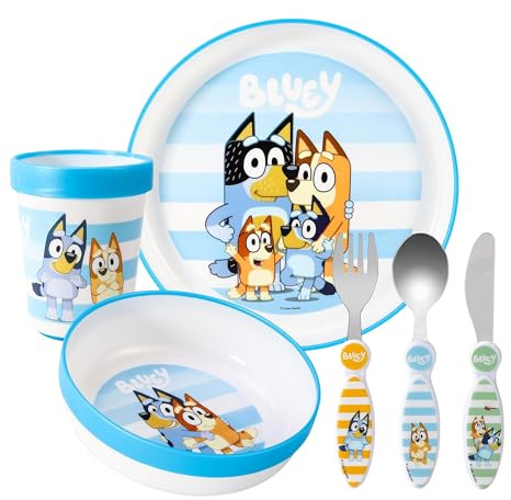 Bluey Kids - Juego de vajilla de 6 piezas para niños, plato, taza, cuchillo, tenedor, cuchara, vajilla para niños