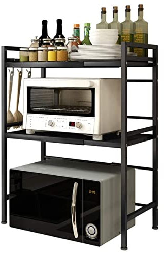 3-Stufiges Mikrowellen Regal Ausziehbar mit 3 Haken Mikrowellen Aufbewahrungsständer Bäckereiregale Küchen-Organizer-Rack für Arbeitsplatte-40/64 * 36,5 * 78cm schwarz