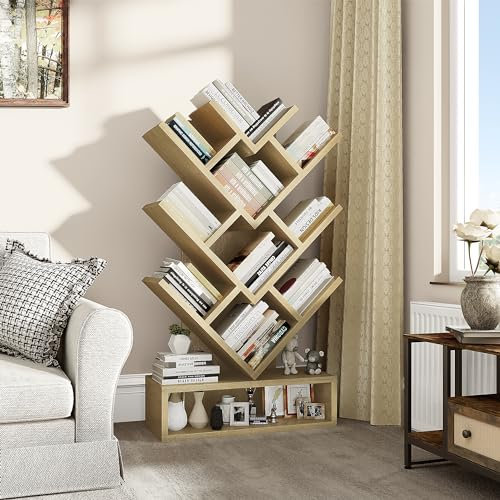 YITAHOME Baum Bücherregal, Boden stehendes Bücherregal mit hölzernen Schublade industrielle Regaleinheiten Anzeige Lagerregal für Wohnzimmer, Haus, Büro, Eichenfarbe Bücherregale