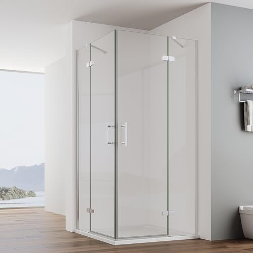 IMPTS Duschkabine Eckeinstieg 100x100cm Duschtür Doppel Falttüren Duschabtrennung eckdusche Duschwand Glas mit 6mm ESG Nano Glas Höhe 195cm