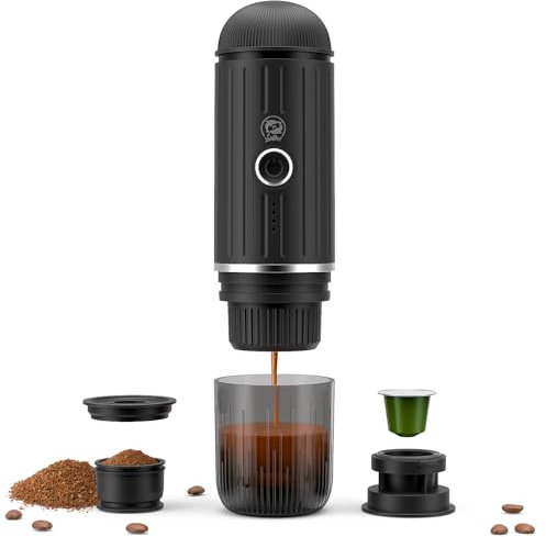Portable Espresso Machine Rechargeable Electric 12V One Click Heater Automatic Coffee Maker Compatible with NS Capsules and Ground Coffee for Camping Travel Home (Black)