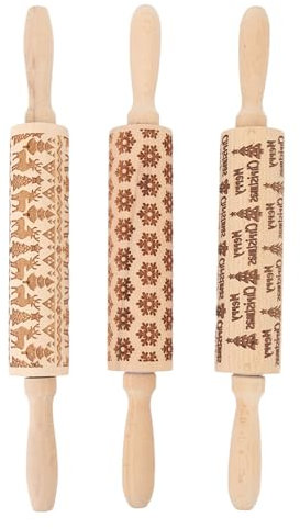 ANKROYU 3-teiliges Nudelholz mit Prägung aus Holz, Nudelhölzer zum Backen, Nudelholz aus Holz für Weihnachten, Nudelholz mit gravierter Prägung zum Backen von Keksen