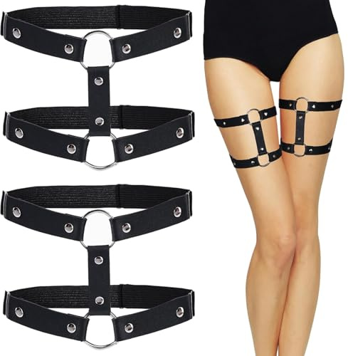 2 stycken läderben strumpeband, elastiska justerbara lår, strumpband för kvinnor, svarta ben, elastisk punk gotisk ring, strumpband damer, rave outfit, karneval, cosplay, festtillbehör