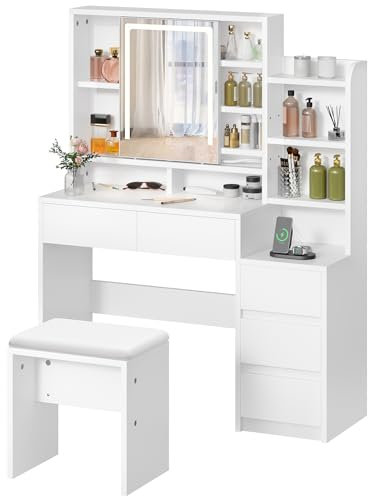 YITAHOME Schminktisch mit Spiegel und LED-Beleuchtung, Schminktische mit Hocker Schubladen und USB anschluss, Verstellbaren Ablagen, Modern Frisiertisch für Schlafzimmer und Make-up, Weiß