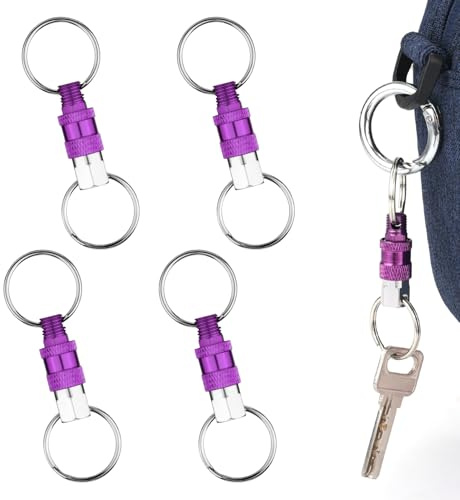 Lot de 4 Porte-Clés à Dégagement Rapide, Porte-Clés Amovibles avec 2 Anneaux Fendus Chaîne Séparée Porte-Clés à Déconnexion Rapide Accessoire Pratique Cadeau (Violet et Argent)