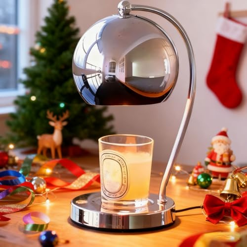 WARMCITY Candle Lamp Warmer, Wide Base Scented Candle Warmer with Timer and Dimmer, Candle Melting Lattern, Home Decor Table Lamp (Silver) | Silver modern candle warmer with large base. Timer 2/4/8H&stepless dimmer. Melts wax evenly, perfect as home decor.