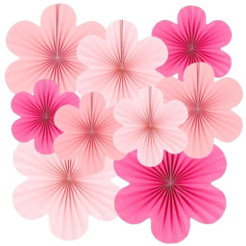 RANYAKE Satz von 9 Papier Fächer Dekoration, Seidenpapier Pompoms, Papierfächer Papierblumen Deko, Rosa Papierblumen zum Aufhängen, für Partys, Hochzeiten, Babypartys