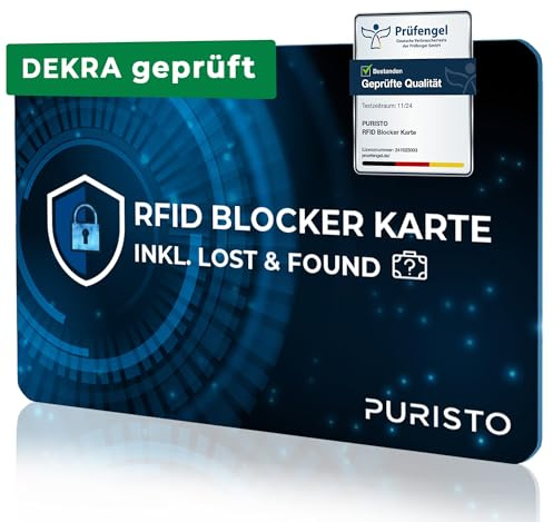 PURISTO® RFID Blocker Karte - DEKRA geprüft - 2in1 inkl. Lost & Found Service - NFC Schutz für Kreditkarten, EC Karten & Ausweise - Ultra dünn Data Blocker - Portemonnaie RFID Blocker gegen Datenklau