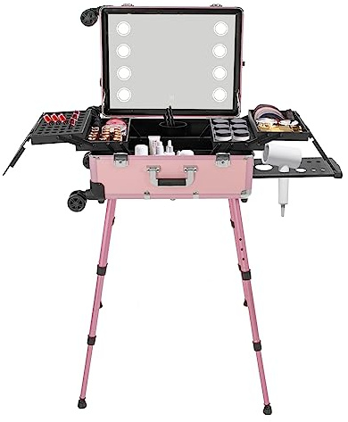Dekltus Kosmetikkoffer Trolley, Schminkkoffer Großer Make up Koffer mit 4 Universalrollen & Beleuchtung & Spiegel, Kosmetik Trolley für Visagisten, Friseure, Nageldesigner (Rosa)
