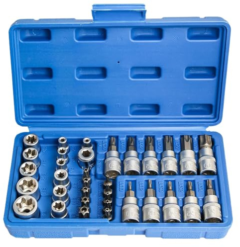 34-Piece Torx Socket and Bit Set with 1/4 and 3/8 Drive E4-E20, Security Star Socket T10-T60 - Female E Tamper-Proof Steel