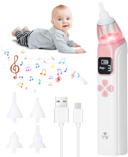 URAQT Nasal Aspirator Baby, Electric Baby Nose Sucker with 4 Silicone Tips Nose, Rechargeable Automatic Baby Nose Cleaner for 3 Suction Levels, Toddlers Anti-Backflow Sucker with Music and Light, Pink