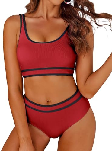 AI'MAGE Maillot de Bain Femme 2 Pieces Bikini Sexy Taille Haute Push Up Sport Fileté Deux Pièces, Rouge XXL