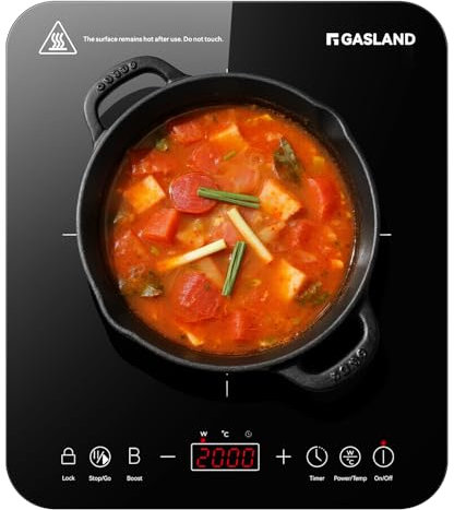 GASLAND IH271BTA Placa de inducción individual, 27 cm, 2000W Placa de inducción portátil con 1 zona, control táctil, 10 niveles de temperatura, 10 niveles de potencia, bloqueo de seguridad
