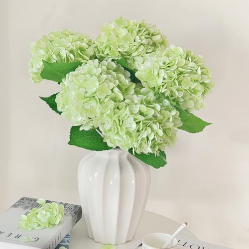 6 flores artificiales de hortensias verdes de tacto real con tallos, flores de seda falsas para exteriores, flores artificiales para decoración del hogar, ramos de boda, centros de mesa, jarrón