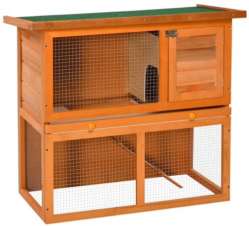 PawHut Clapier Lapin Exterieur Cage à Lapin 2 Étages 90 x 45 x 80 cm | Toit Ouvrant, Plateau Coulissant, Rampe