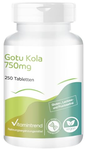 Gotu Kola 750 mg - 250 tabletter - 9000 mg Gotu Kola per dagsdos - med vitamin C och zink - hög dos - vegan - biotillgängliga kosttillskott från Tyskland | Vitamintrend