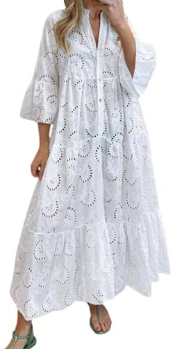 Oyuchga Lochstickerei Kleid Damen Große Größen 3/4 Ärmel Maxikleid Summer V Ausschnitt Aushöhlen Bestickt Strandkleider Basic Einfarbig Lange Blusenkleid Häkel Spitze Freizeitkleid(A Weiß,L)