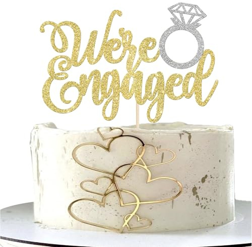 Xsstarmi 1 Pack We're Engaged Cake Topper Silver Ring Glitter Gold Bridal Shower Cake Pick for Wedding Engagement Theme Party Cake Decorations