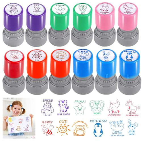 12 Stück Stempel Lehrer Selbstfärbender, Lehrer Bewertung Belohnung Motivation Briefmarken, Lob Ermutigung Kinder Stempel, Bunte Cartoon Lob Siegel Ermutigung, Schüler Hausaufgaben Stamper