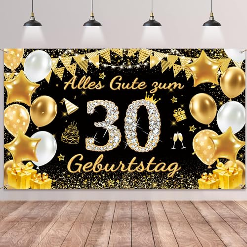 30. Geburtstag Deko Banner Frauen Männer - Schwarz Gold Alles Gute zum 30 Geburtstag Hintergrund Banner, Große Geburtstagsbanner für 30 Jahre Geburtstagsdeko 180 x 110cm