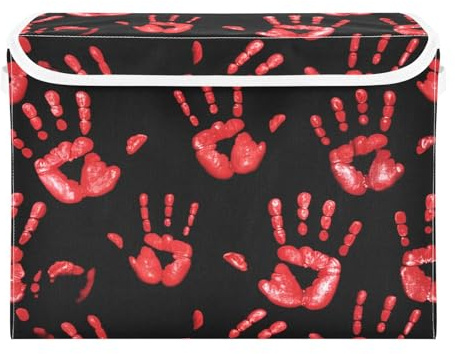 JUMBEAR Contenedores de almacenamiento de palma roja de sangre de Halloween con tapas, cajas de almacenamiento plegables de tela, cesta de almacenamiento para dormitorio, oficina, decoración de