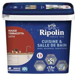 RIPOLIN Peinture Intérieure Cuisine et Bain Satin Rouge Terracota 0,75 L | Peinture Spécialement Conçue pour les Pièces Humides, Technologie 'effet Perlant', Grande Résistance aux Graisses