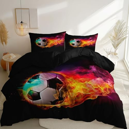 Fantasy Football Flammen Bettwäsche 200 x 200 cm Bettwäsche-Set für Jungen und Mädchen, Bettbezug Frischer Sommer-Look, pflegeleichtes Familien-Set mit 2 Kissenbezug, Schwarz