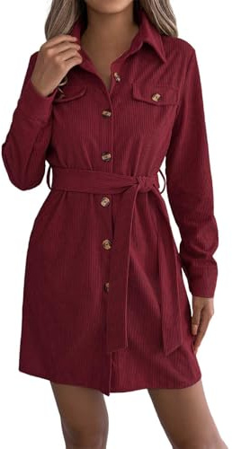 Vhersily 2025 Robe à chemise en velours côtelé pour femme, à manches longues, avec ceinture, mini tunique d'automne décontractée, couleur unie, pour l'automne et l'hiver, confortable et polyvalent