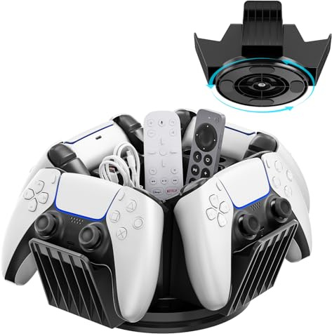 KDD Controller Organizer for Desktop - 360°Rotatable Controller Holder with Storage Box - Universal Stand for 4 Controllers, Desk Organizer for Switch Remote Control Pen Gamer Accessories