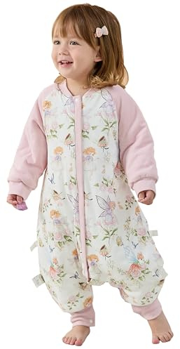 Chilsuessy Baby Winter Schlafsack 3.5 Tog Babyschlafsack mit Füssen Strampler Winterschlafsack mit abnehmbar Ärmel Schlafanzug Kinder Schlafsack, 3.5 Tog/Elfen Garten, L/Baby Höhe 95-105cm