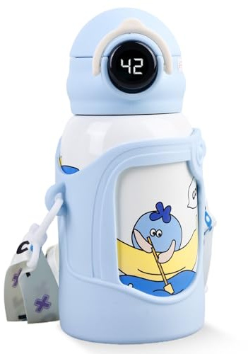 Thermosflasche, 500 ml Thermoskanne Baby Unterwegs Vakuum Lsolierbecher, Thermosflasche Edelstahl für Kinder mit LED-Temperaturanzeige Vakuum Trinkflaschen, Ideal für Hitze und Kälte (Blau)