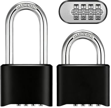 SEESUNO 2-Pack Heavy Duty Combination Padlocks Outdoor, Weatherproof Secure Lock with 8mm Thick 304 Stainless Steel – Choice of Short & Long Shackle (51.5mm) for Garage, Fence, Gate, Shed, Gym, School