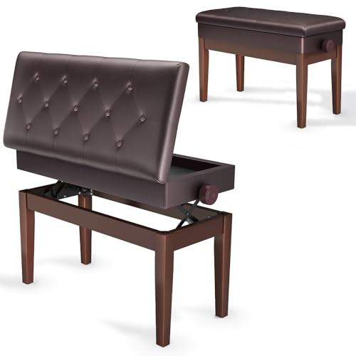 Clevich Klavierhocker Höhenverstellbar, Pianobank mit Stauraum, Klavierbank mit PU Lederkissen, Klavierstuhl Heavy Duty, Tastatur Piano Bench bis 200KG Belastbar, Walnussfarbe