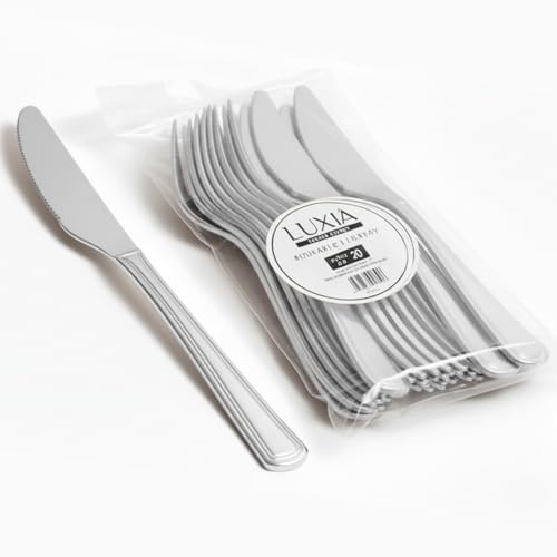 Playlearn Luxia Reusable Silver Reusable Washable Plastic Knives, 20pcs Bulk Pack Durable Elegant Cutlery, 19.6cm Durable Dinnerware for Weddings, Catered Events
