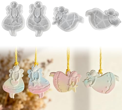 Skeadex Silikonformen Gießformen Weihnachten Engel, 4er Silikonform Engel Anhänger Silikonform Weihnachten Gips zum Gießen Herz Giessformen Silikon Weihnachten Stern für Valentinstag Gips Kerzen (A)