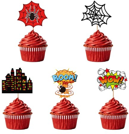 SAVITA 30pcs Spider Theme Birthday Cupcake Toppers, Action Comic Cake Decorations Cartoon Theme Spider Web Explosion Boom Wow Cupcake Decor for Boys Girls Birthday Party Supplies