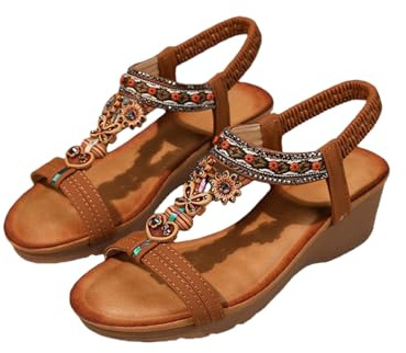 Damsandaler bred passform bekväma slip-on kilskor ledig öppen tå ortopedisk glid lätt sommar ankelremsandaler mode slunga tillbaka promenadtofflor, B brun, 6.5 UK Wide