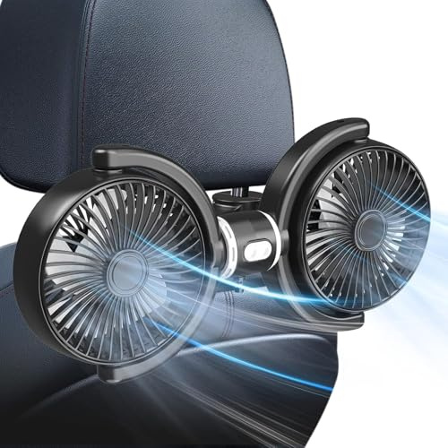XUZIE Car Fan Dual Head, 3 Speeds 360 ° Rotatable Car Fans for Backseat for Kids, USB Cooling Fan for Car Headrest and Rear Seat,Car Fans That Blow Cold Air for Vehicles RV SUV Truck