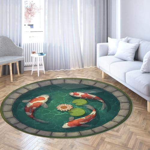 Indoor Garden Style Round Area Rugs 7ft Koi Fish Pond Pattern Non Slip Washable Big Throw Circle Carpet for Mudroom Apartment Home Office