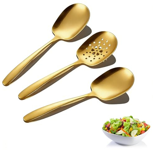 3 cucharas grandes de 25 cm de largo, cucharas ranuradas de acero inoxidable, cubiertos para fiestas familiares, hoteles, picnics y fiestas (dorado)