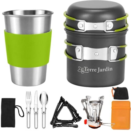 TERRE JARDIN Kit Popote Camping avec Réchaud 12 Pièces - Set Cuisine Camping Compact et Léger - Casseroles Antiadhésives, Réchaud Pliable et Accessoires Outdoor