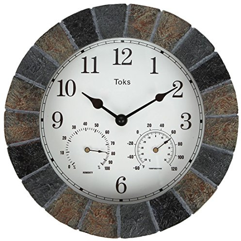 LilysHome - Orologio da parete con termometro e igrometro, ideale per interni ed esterni, in finta ardesia (25,4 cm)
